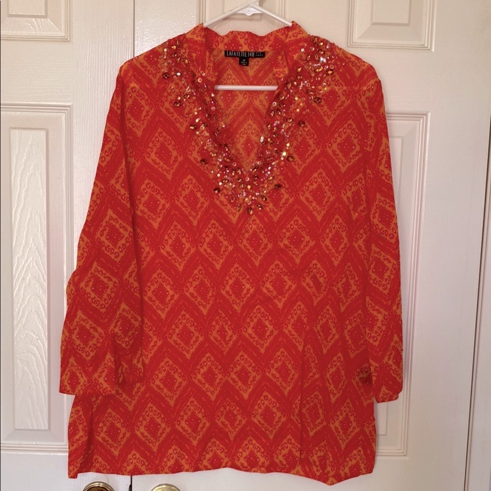 Lafayette 148 New York Red, Orange Gold Embellished Boxy Tunic size 14